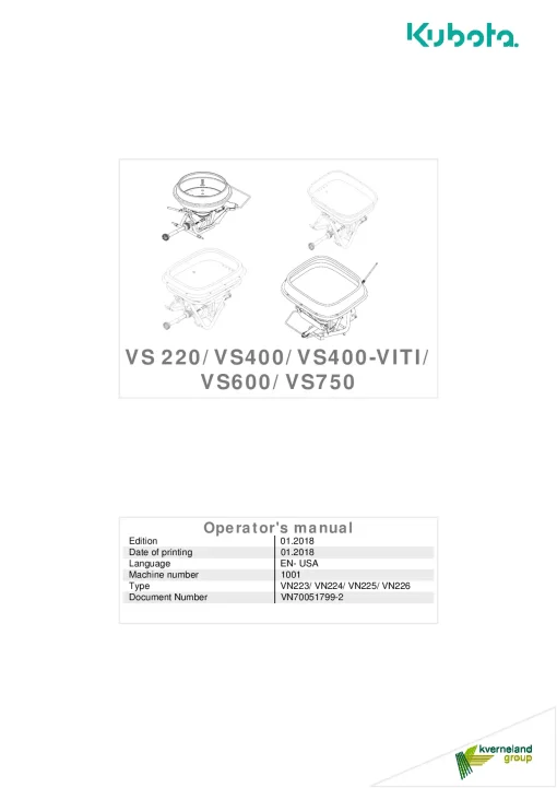 Kubota VS400VITI VS- 220 400 600 750 Spreaders 2018 VN70051799-2 Operation Maintenance Manual PDF download