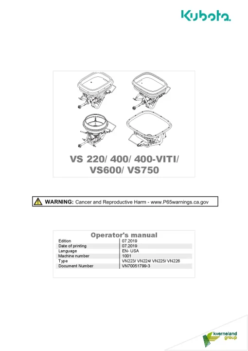 Kubota VS400VITI VS- 220 400 600 750 Spreaders 2019 North America Operation Maintenance Manual PDF download