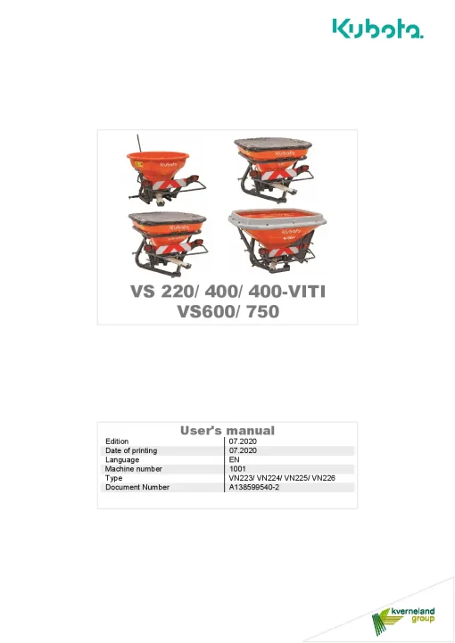 Kubota VS400VITI VS- 220 400 600 750 Spreaders 2020 A138599540-2 Operation Maintenance Manual PDF download
