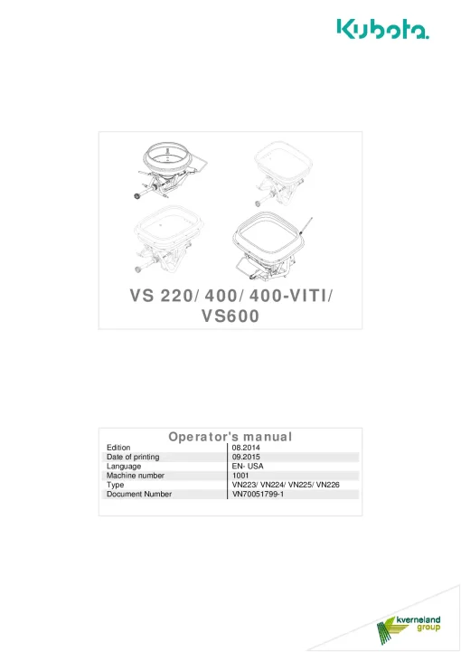 Kubota VS400VITI VS- 220 400 600 Spreaders 2015 Operation Maintenance Manual PDF download