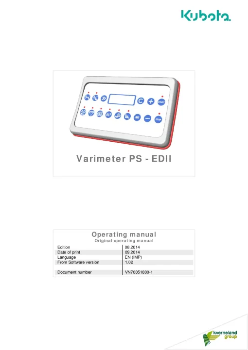 Kubota Varimeter PS- EDII Spreaders 2014 Operation Maintenance Manual PDF download