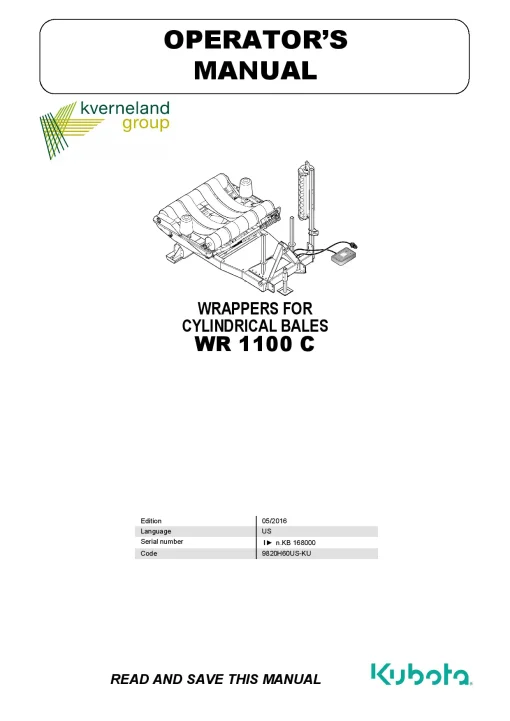 Kubota WR1100 C Bale wrapper 2016 Operation Maintenance Manual PDF download