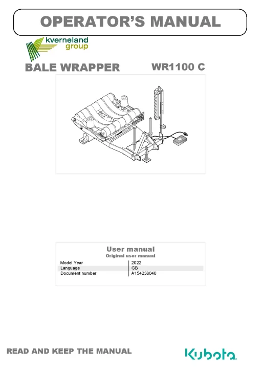 Kubota WR1100 C Bale wrapper 2022 GB Operation Maintenance Manual PDF download