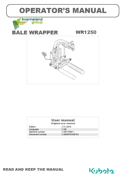 Kubota WR1250 Bale wrapper 2019 Operation Maintenance Manual PDF download