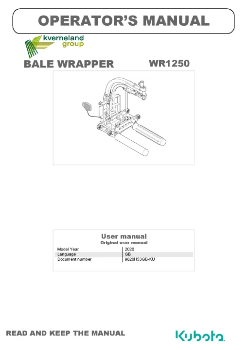 Kubota WR1250 Bale wrapper 2020 Operation Maintenance Manual PDF download