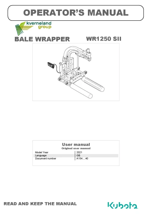 Kubota WR1250 SII Bale wrapper 2021 Operation Maintenance Manual PDF download