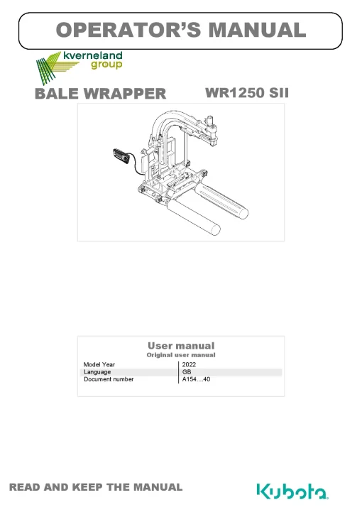 Kubota WR1250 SII Bale wrapper 2022 Operation Maintenance Manual PDF download