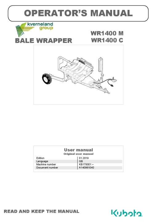 Kubota WR1400 M-C Bale wrappers 2019 A140961040 Operation Maintenance Manual PDF download