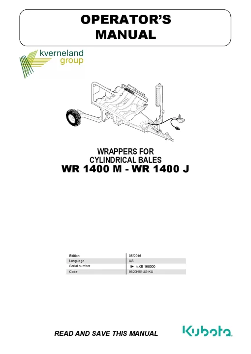 Kubota WR1400 M-J Bale wrappers 2016 9820H61US-KU Operation Maintenance Manual PDF download
