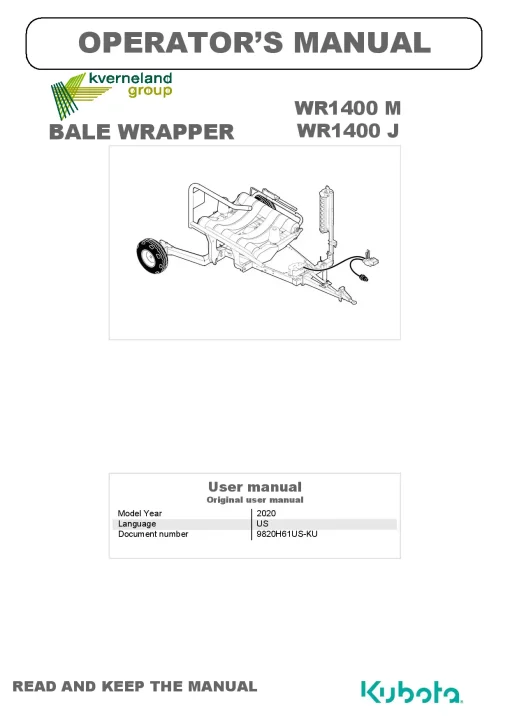 Kubota WR1400 M-J Bale wrappers 2020 9820H61US-KU Operation Maintenance Manual PDF download