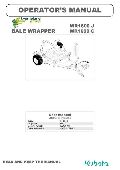 Kubota WR1600 J-C Bale wrapper 2019 GB Operation Maintenance Manual PDF download