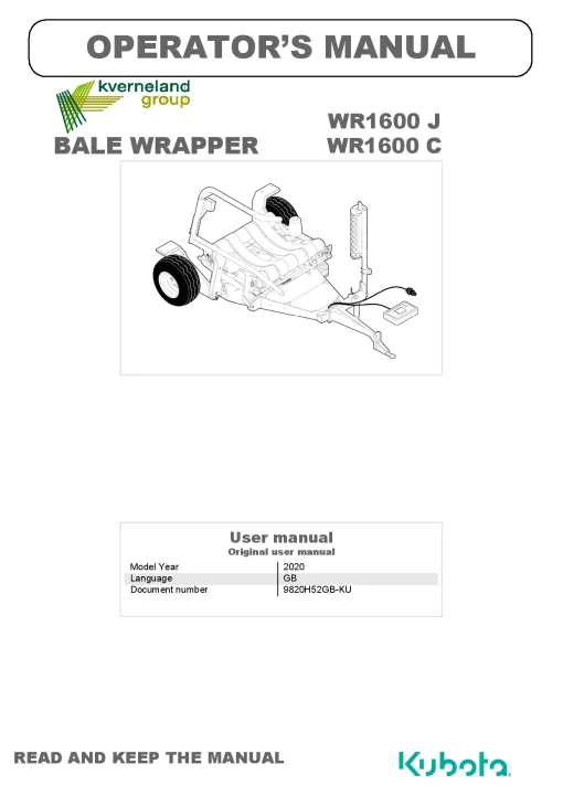 Kubota WR1600 J-C Bale wrapper 2020 GB Operation Maintenance Manual PDF download