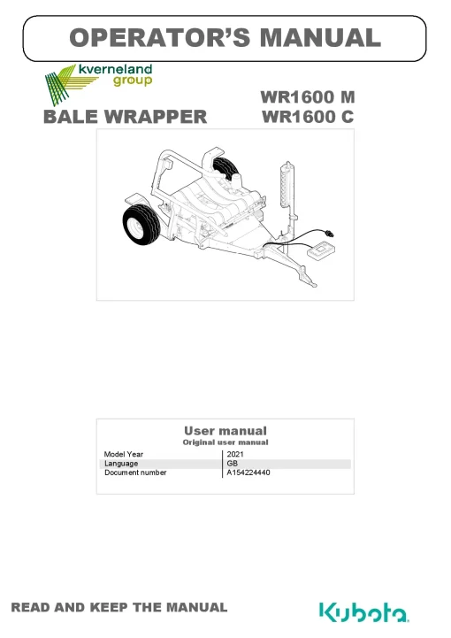 Kubota WR1600 M-C Bale wrapper 2021 GB Operation Maintenance Manual PDF download
