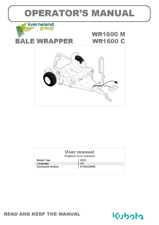 Kubota WR1600 M-C Bale wrapper 2022 Operation Maintenance Manual PDF download