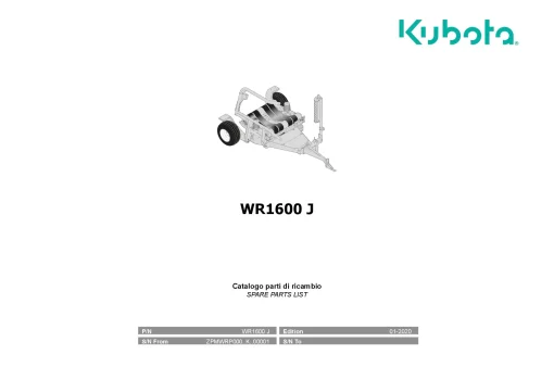 Kubota WR1600J Bale wrapper 2020 Parts Manual Catalog Pdf Download