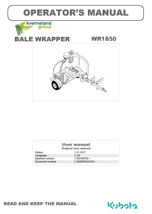 Kubota WR1850 Bale wrapper 2017 Operation Maintenance Manual PDF download