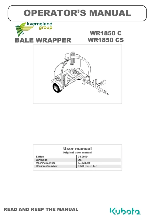 Kubota WR1850 C CS Bale wrapper 2019 Operation Maintenance Manual PDF download