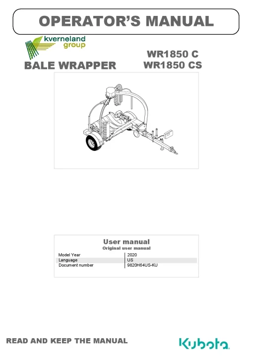 Kubota WR1850 C CS Bale wrapper 2020 Operation Maintenance Manual PDF download
