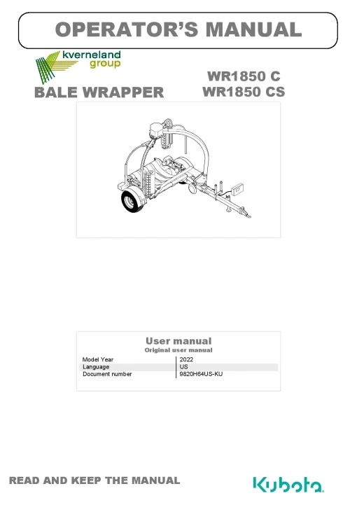 Kubota WR1850 C CS Bale wrapper 2022 Operation Maintenance Manual PDF download