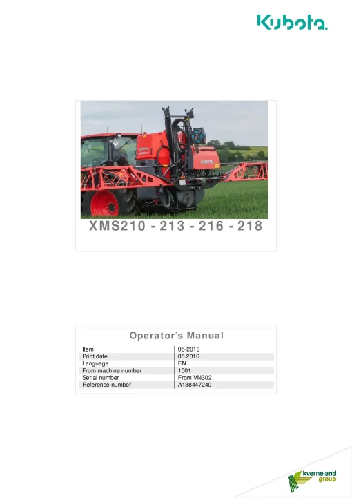 Kubota XMS -210 213 216 218 Sprayers Mounted 2016 Operation Maintenance Manual PDF download