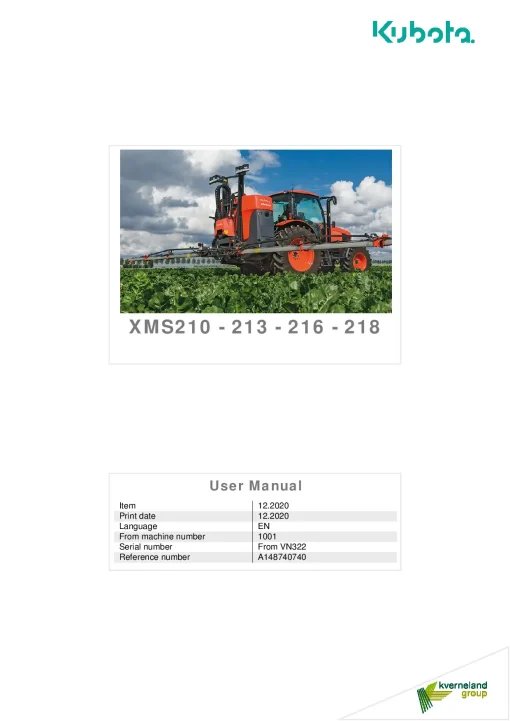 Kubota XMS -210 213 216 218 Sprayers Mounted 2020 Operation Maintenance Manual PDF download