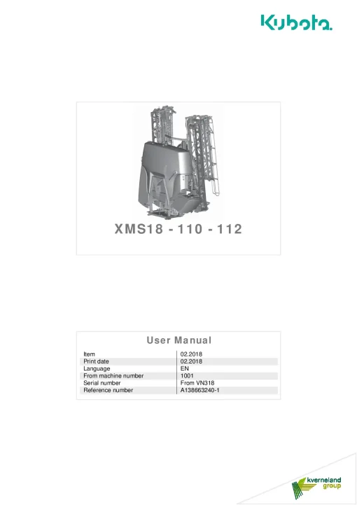 Kubota XMS18-110-112 Sprayers Mounted 2018 Operation Maintenance Manual PDF download