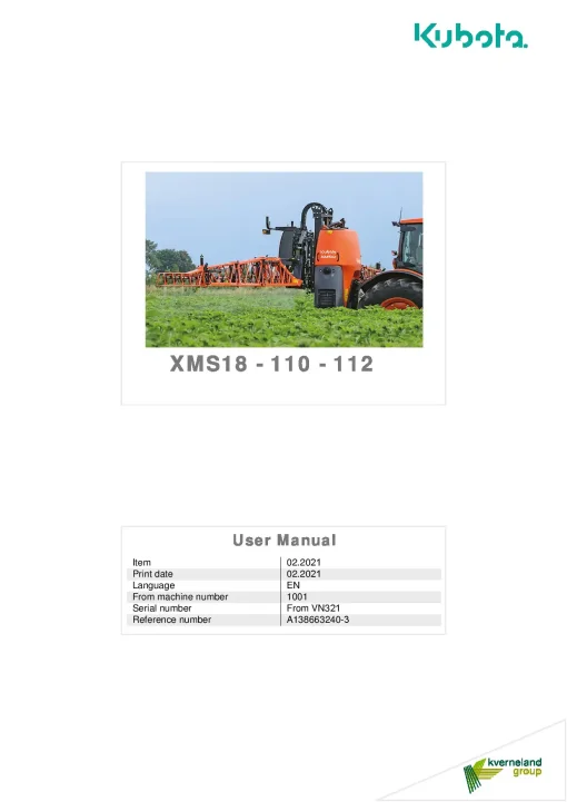 Kubota XMS18-110-112 Sprayers Mounted 2021 Operation Maintenance Manual PDF download