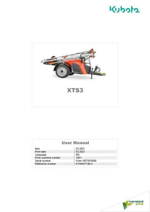 Kubota XTS3 Sprayers Trailed 2021 Operation Maintenance Manual PDF download