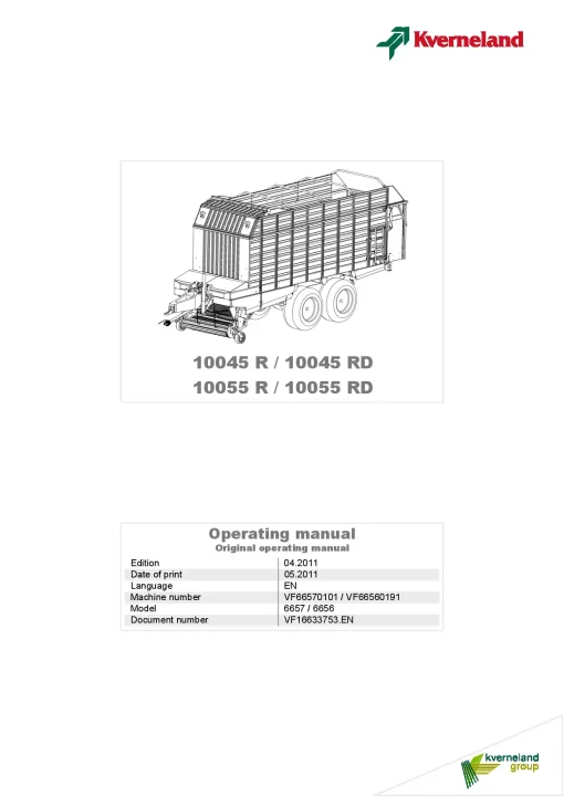 Kverneland 10045R(D) 10055R(D) Loader wagon 2011 Operation Maintenance Manual PDF download