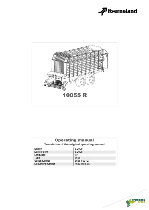 Kverneland 10055R Loader wagon 2008 Operation Maintenance Manual PDF download