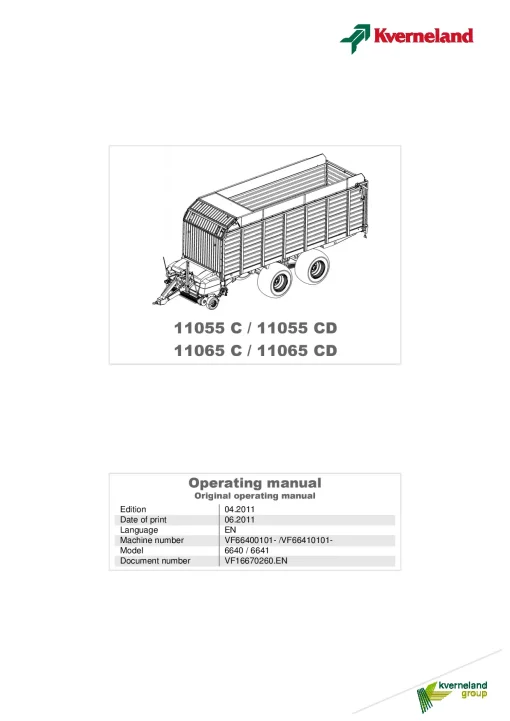 Kverneland 11055C(D) 11065C(D) Loader wagon 2011 Operation Maintenance Manual PDF download