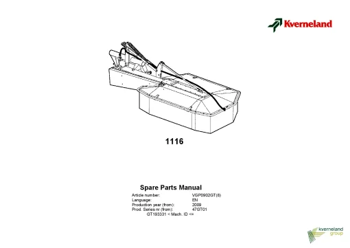 Kverneland 1116 Mower Conditioner 2009 Parts Manual Catalog Pdf Download