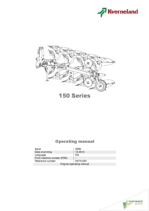 Kverneland 150B 150S Ploughs Reversible Mounted 2009 Operation Maintenance Manual PDF download