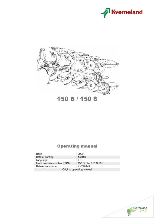 Kverneland 150B 150S Ploughs Reversible Mounted 2013 Operation Maintenance Manual PDF download