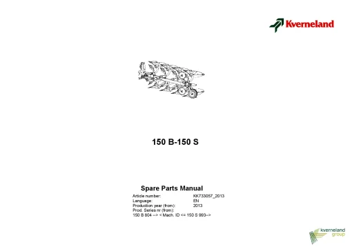 Kverneland 150B 150S Ploughs Reversible Mounted 2013 Parts Manual Catalog Pdf Download
