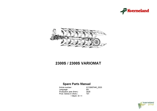 Kverneland 2300S-2300S VARIOMAT Ploughs Reversible Mounted 2020 Parts Manual Catalog Pdf Download