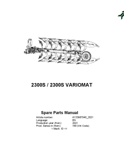 Kverneland 2300S-2300S VARIOMAT Ploughs Reversible Mounted 2021 Parts Manual Catalog Pdf Download