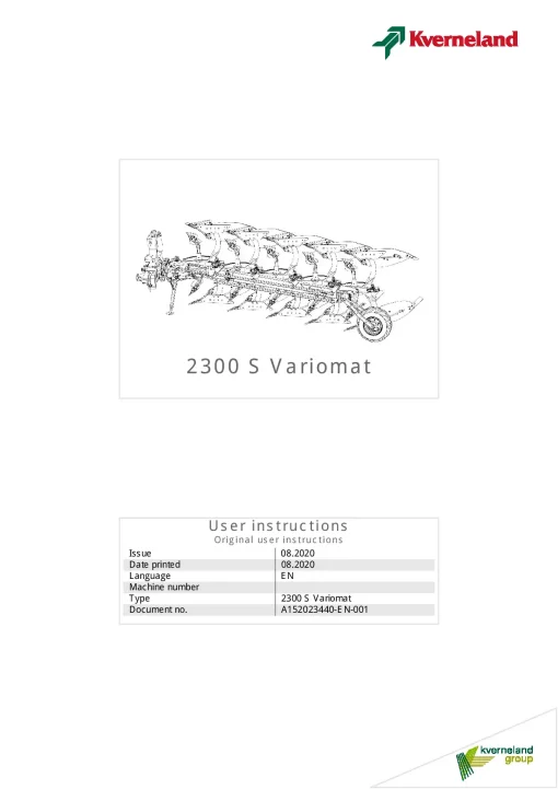 Kverneland 2300S VARIOMAT Ploughs Reversible Mounted 2020 Operation Maintenance Manual PDF download
