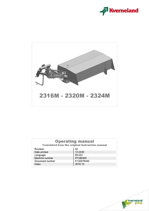 Kverneland 2316M 2320M 2324M Mower -Disc-Plain 2018 Operation Maintenance Manual PDF download
