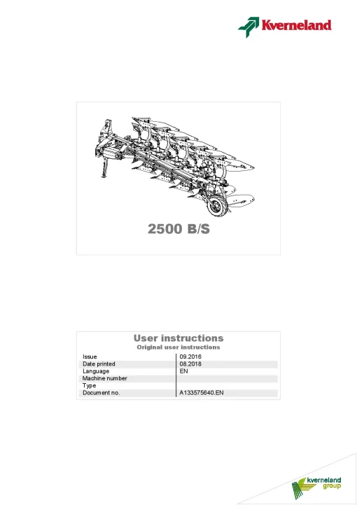 Kverneland 2500 B -S Ploughs Reversible Mounted 2016 Operation Maintenance Manual PDF download