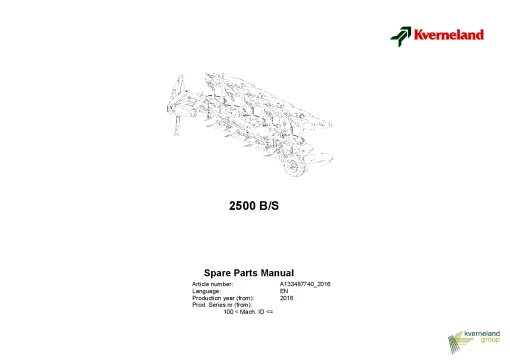 Kverneland 2500 B -S Ploughs Reversible Mounted 2016 Parts Manual Catalog Pdf Download