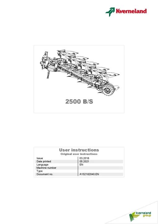 Kverneland 2500 B -S Ploughs Reversible Mounted 2018 Operation Maintenance Manual PDF download