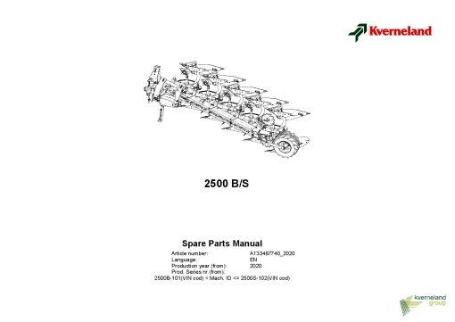 Kverneland 2500 B -S Ploughs Reversible Mounted 2020 Parts Manual Catalog Pdf Download