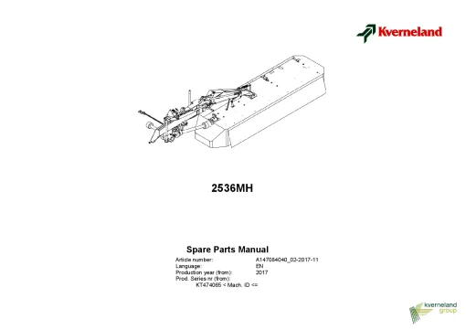 Kverneland 2526MH Mower -Disc-Plain 2017 Sn 474065 Parts Manual Catalog Pdf Download