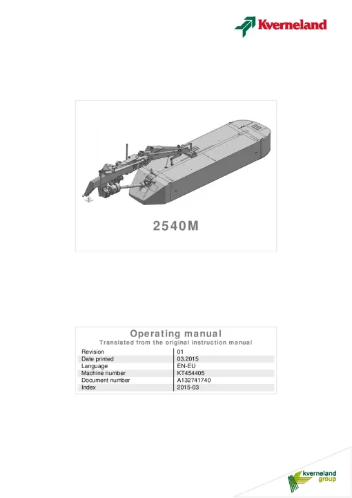 Kverneland 2540M Mower Disc Plain 2015 Operation Maintenance Manual PDF download