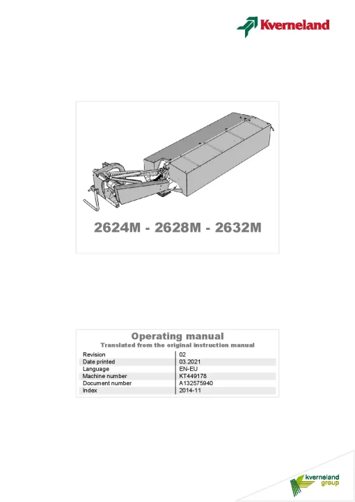 Kverneland 2624 2628 2632-M Mower Disc Plain 2014 Operation Maintenance Manual PDF download