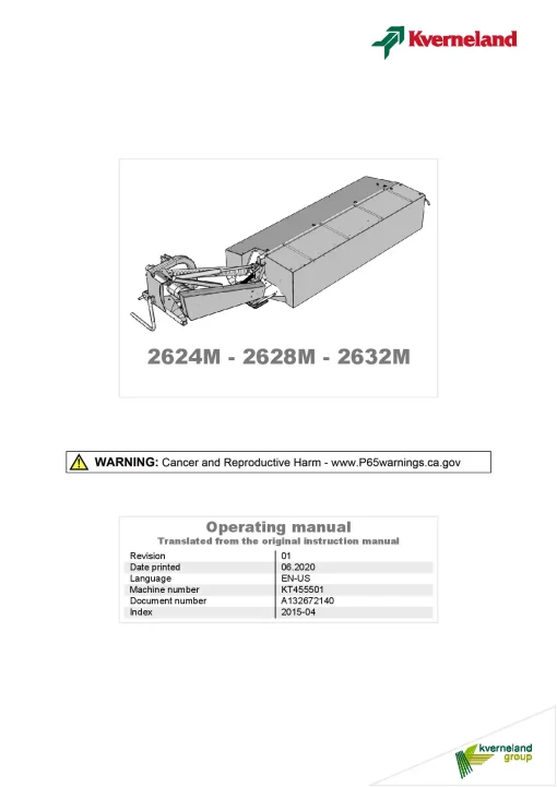 Kverneland 2624 2628 2632-M Mower Disc Plain 2015 North America Operation Maintenance Manual PDF download