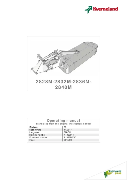 Kverneland 2828 2832 2836 2840-M Mower Disc Plain 2017 Operation Maintenance Manual PDF download