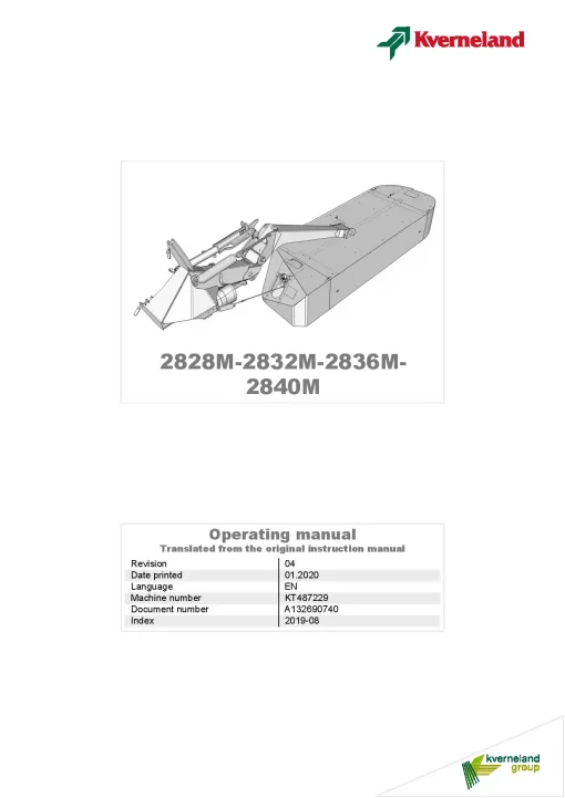 Kverneland 2828 2832 2836 2840 -M Mower Disc Plain 2019 Operation Maintenance Manual PDF download