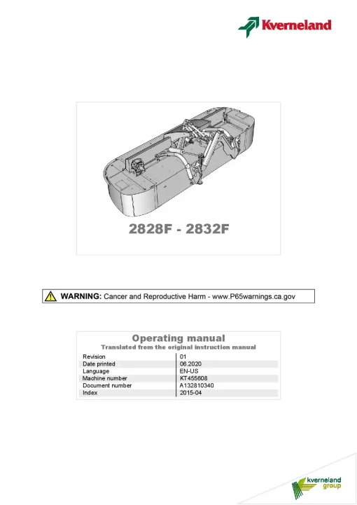 Kverneland 2828F -2832F Mower Disc Plain 2015 North America Operation Maintenance Manual PDF download